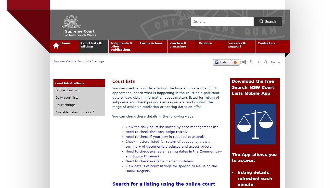 Court lists - NSW Supreme Court homepage