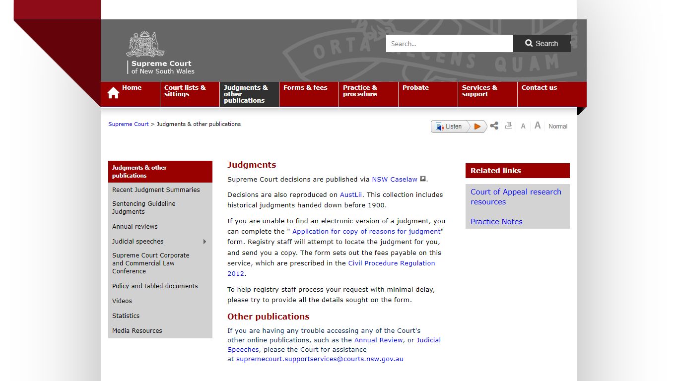 Judgments - NSW Supreme Court homepage